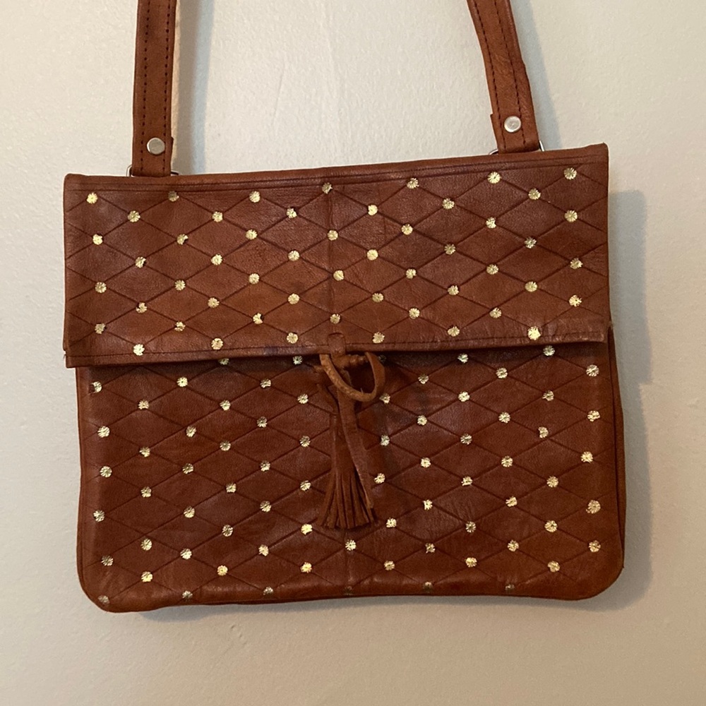 STUNNING vintage antique handtooled leather envelope purse with painted gold